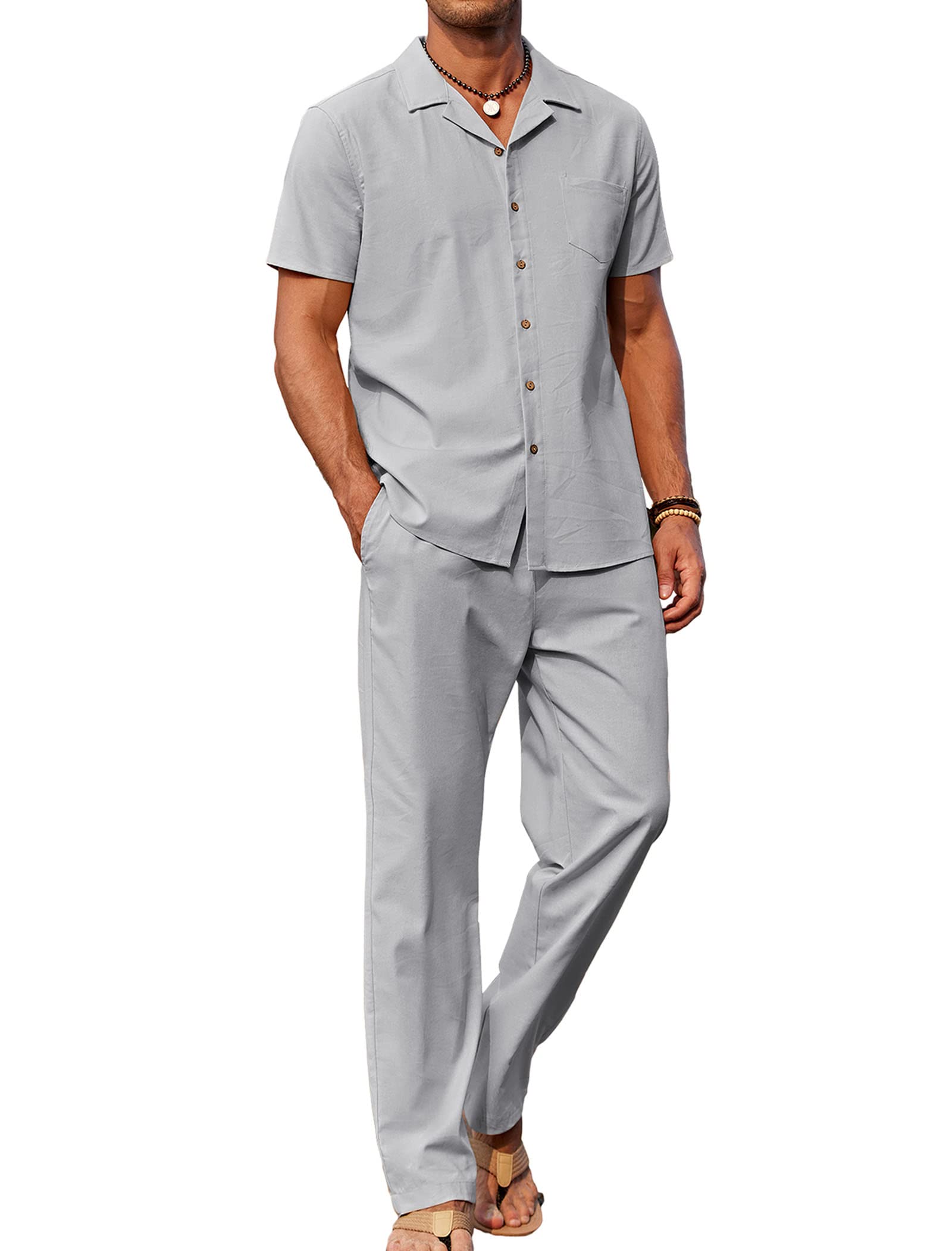 COOFANDY Men 2 Piece Linen Outfit Beach Button Down Shirt Casual Loose Pant Sets