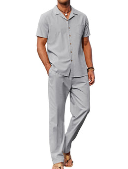 COOFANDY Men 2 Piece Linen Outfit Beach Button Down Shirt Casual Loose Pant Sets