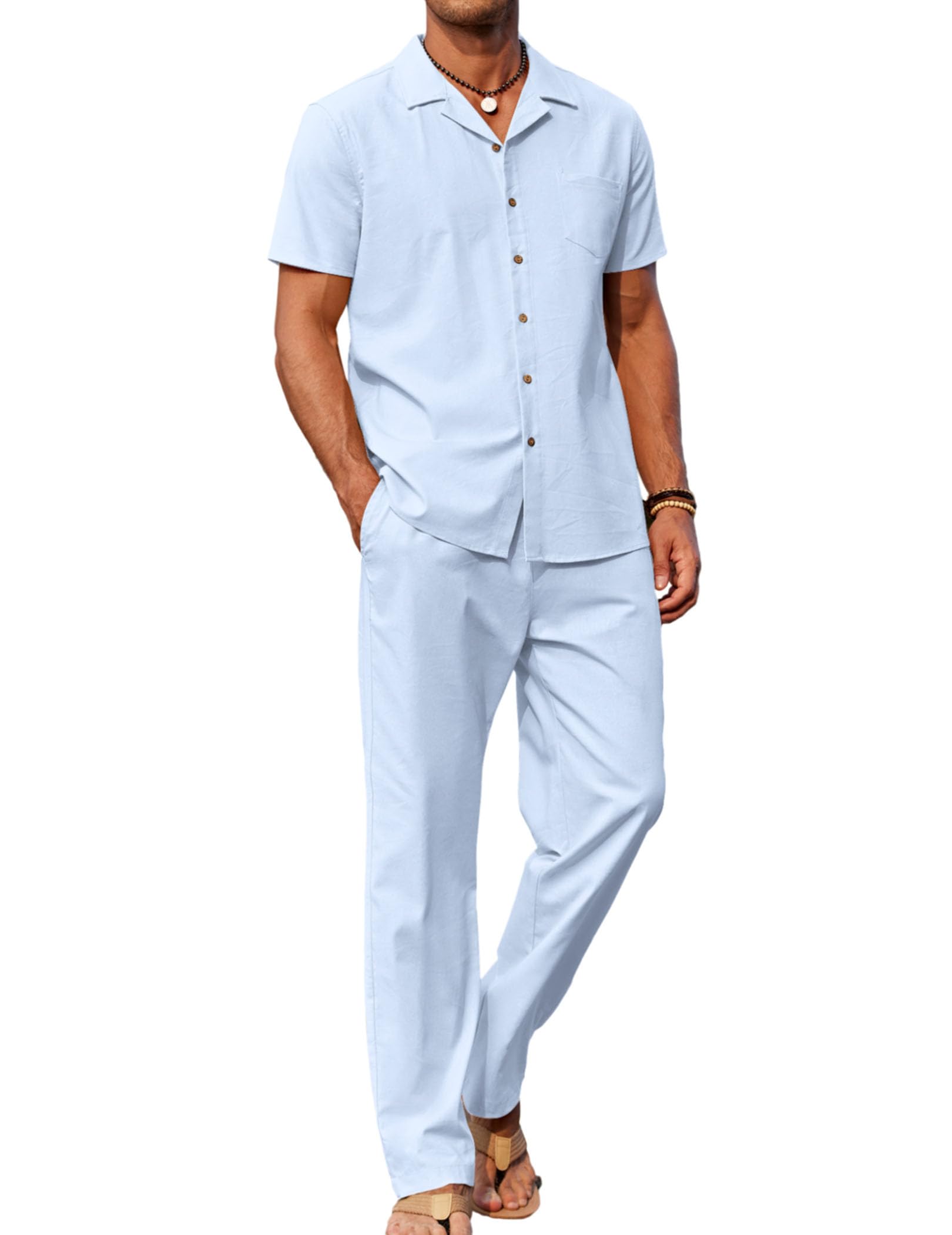 COOFANDY Men 2 Piece Linen Outfit Beach Button Down Shirt Casual Loose Pant Sets