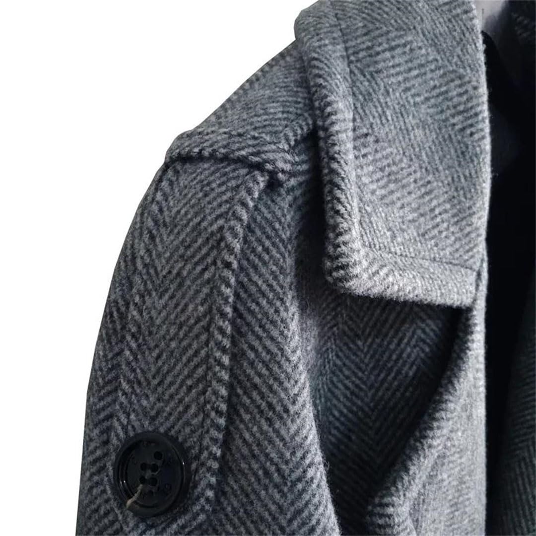 Men's Long Wool Trench Coat Winter Double Breasted Slim Fit Plus Size Overcoat