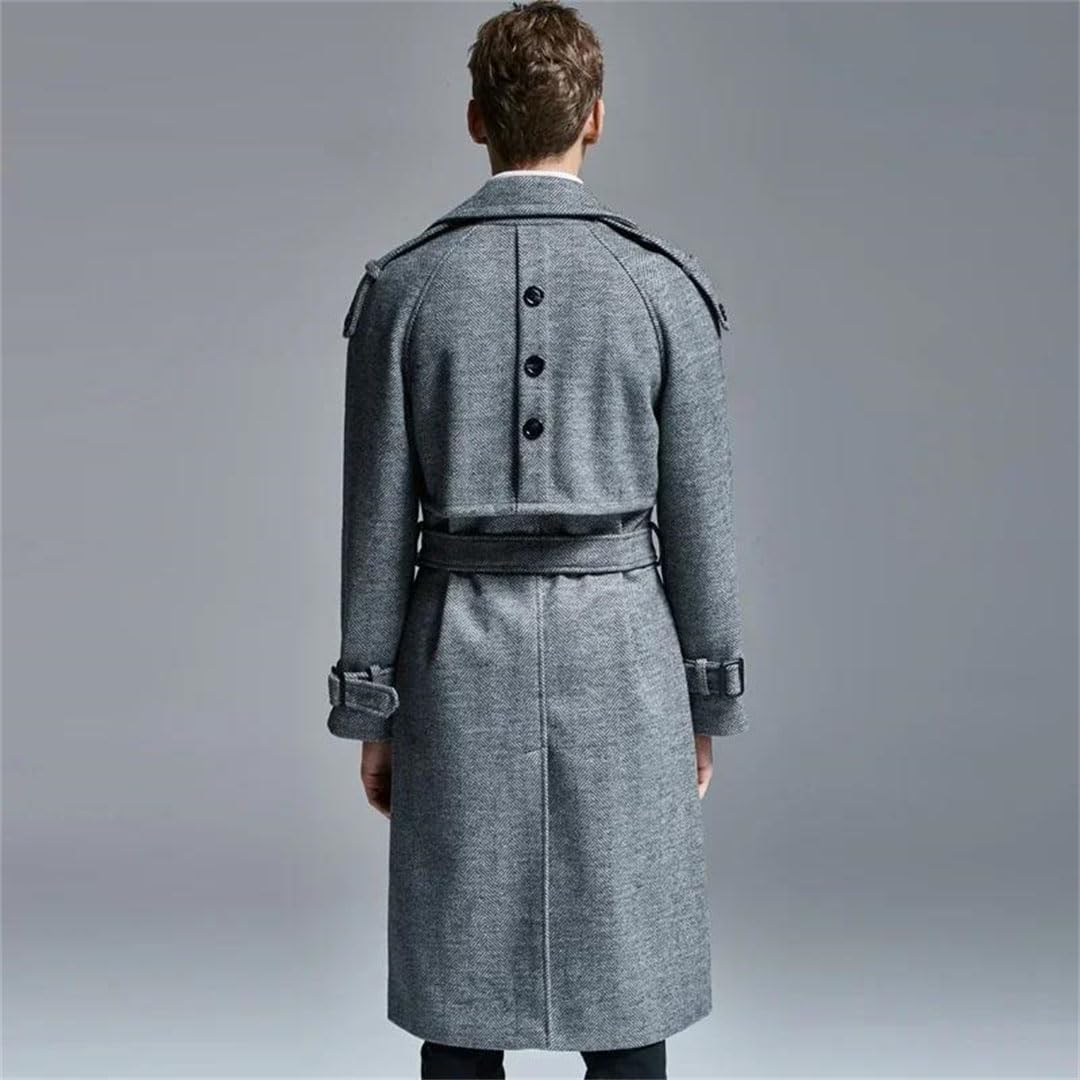 Men's Long Wool Trench Coat Winter Double Breasted Slim Fit Plus Size Overcoat