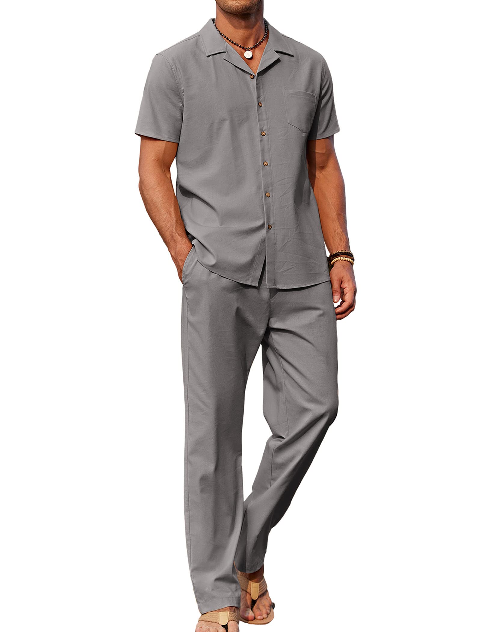 COOFANDY Men 2 Piece Linen Outfit Beach Button Down Shirt Casual Loose Pant Sets