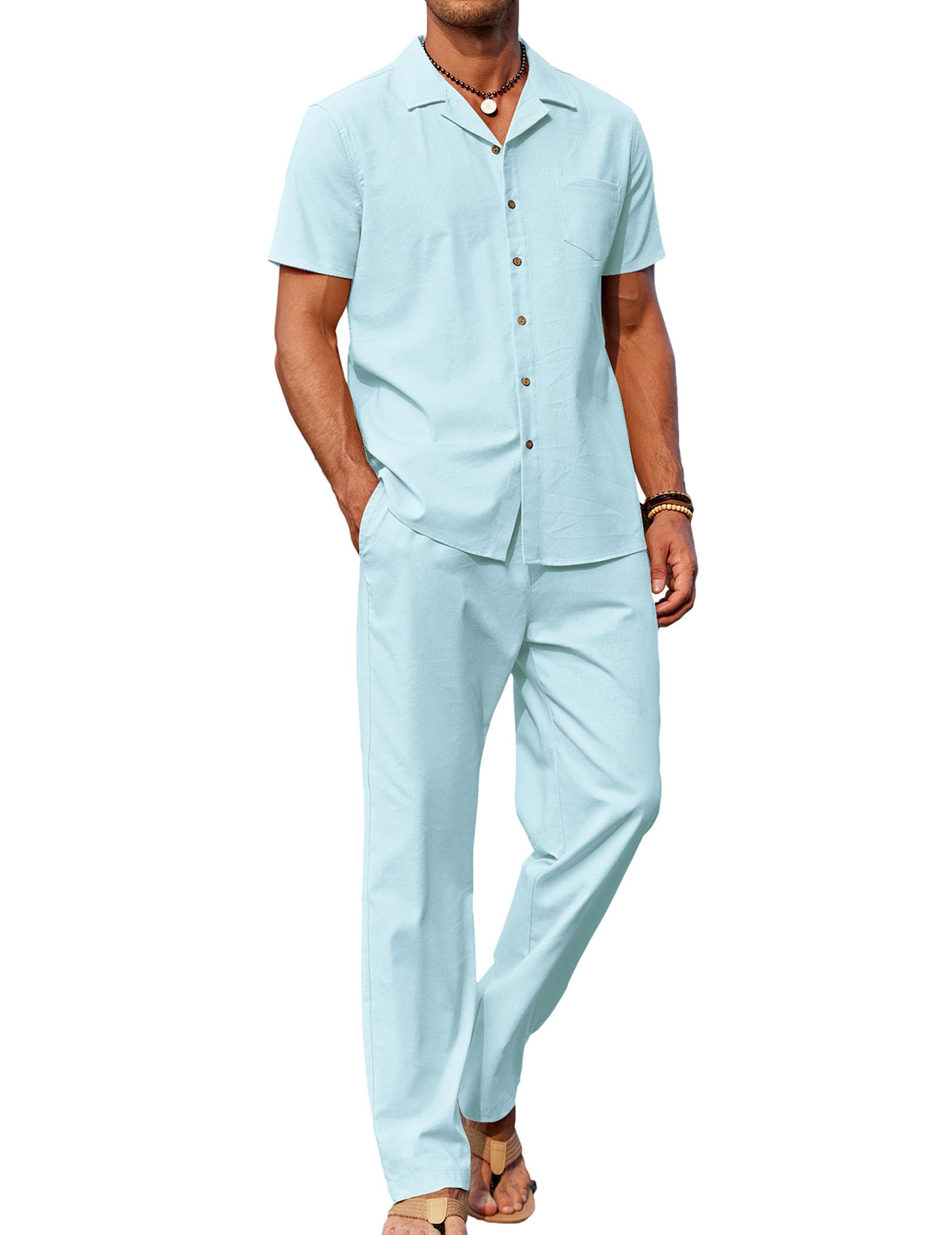 COOFANDY Men 2 Piece Linen Outfit Beach Button Down Shirt Casual Loose Pant Sets