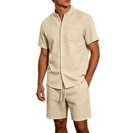 Men's Jacquard Stand Collar Shirt & Shorts 2-Piece Set