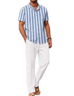 COOFANDY Men 2 Piece Linen Outfit Beach Button Down Shirt Casual Loose Pant Sets
