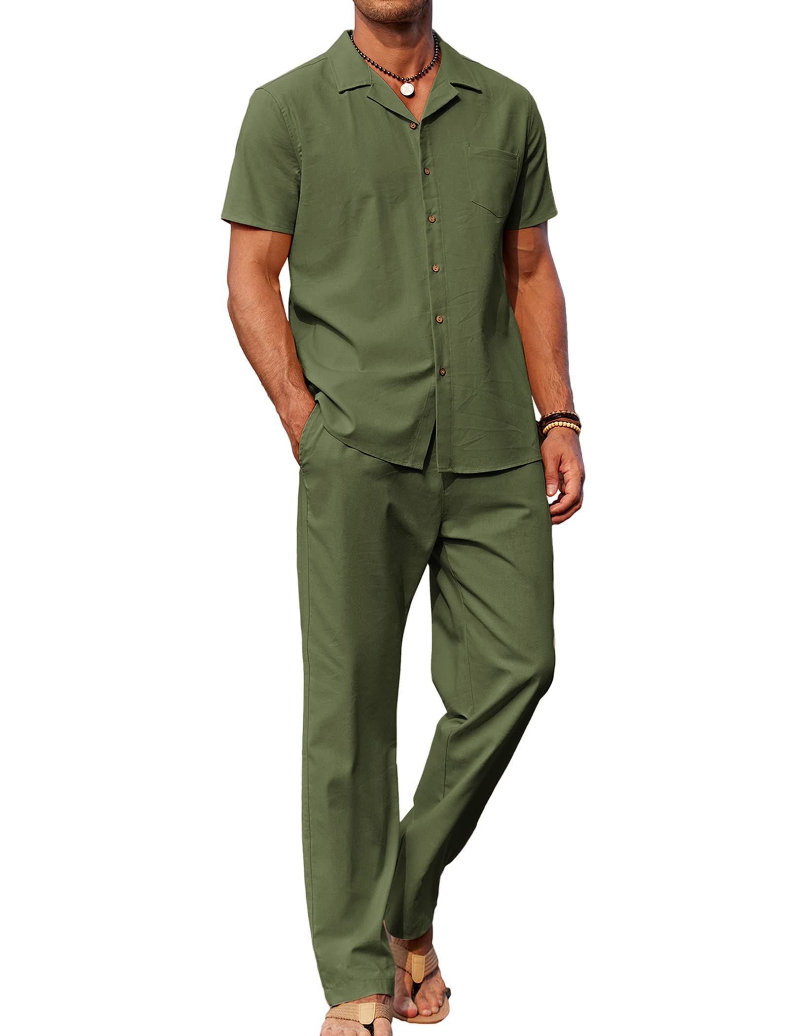 COOFANDY Men 2 Piece Linen Outfit Beach Button Down Shirt Casual Loose Pant Sets