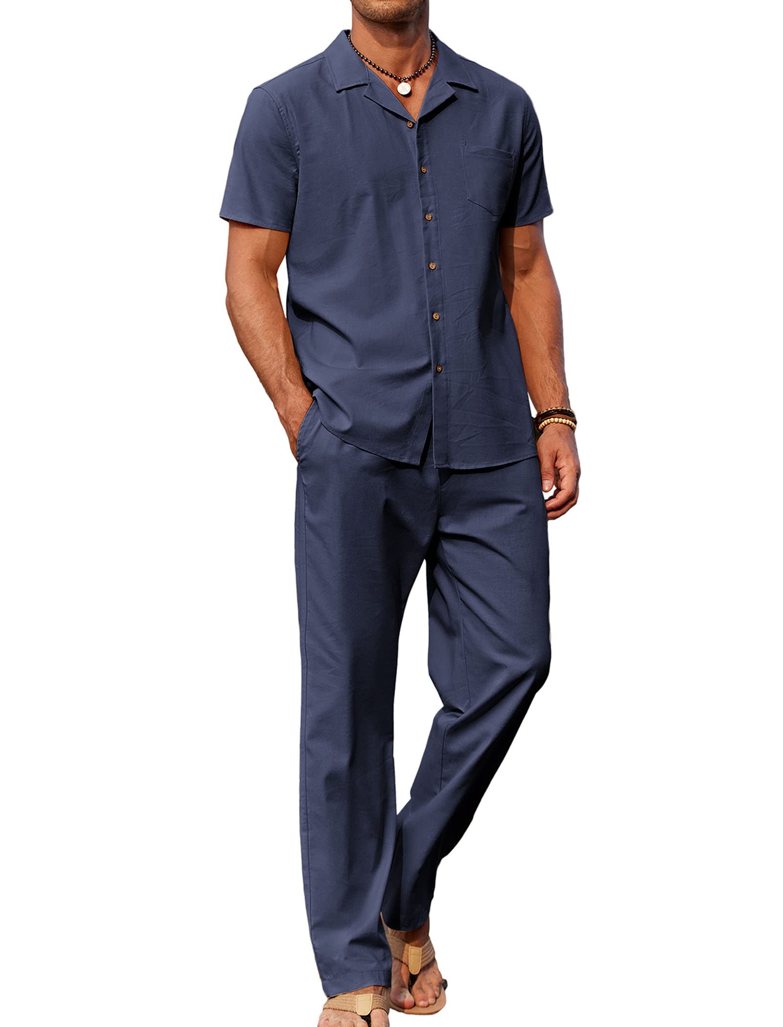 COOFANDY Men 2 Piece Linen Outfit Beach Button Down Shirt Casual Loose Pant Sets