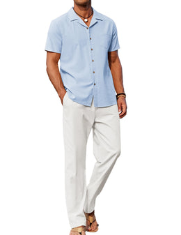 COOFANDY Men 2 Piece Linen Outfit Beach Button Down Shirt Casual Loose Pant Sets