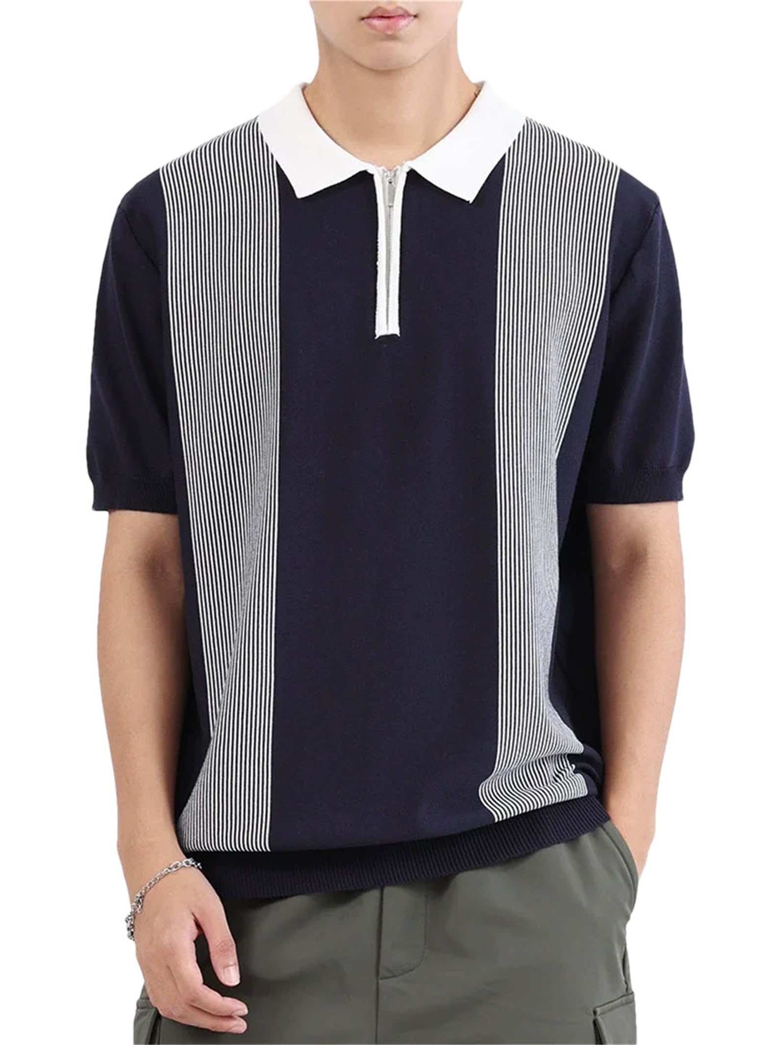Striped Knitted Polo Shirt Slim Fit Short Sleeve Tee