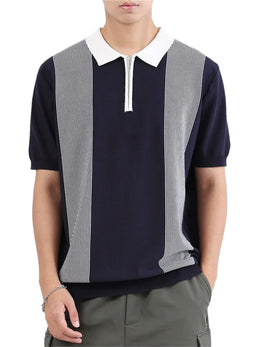 Striped Knitted Polo Shirt Slim Fit Short Sleeve Tee