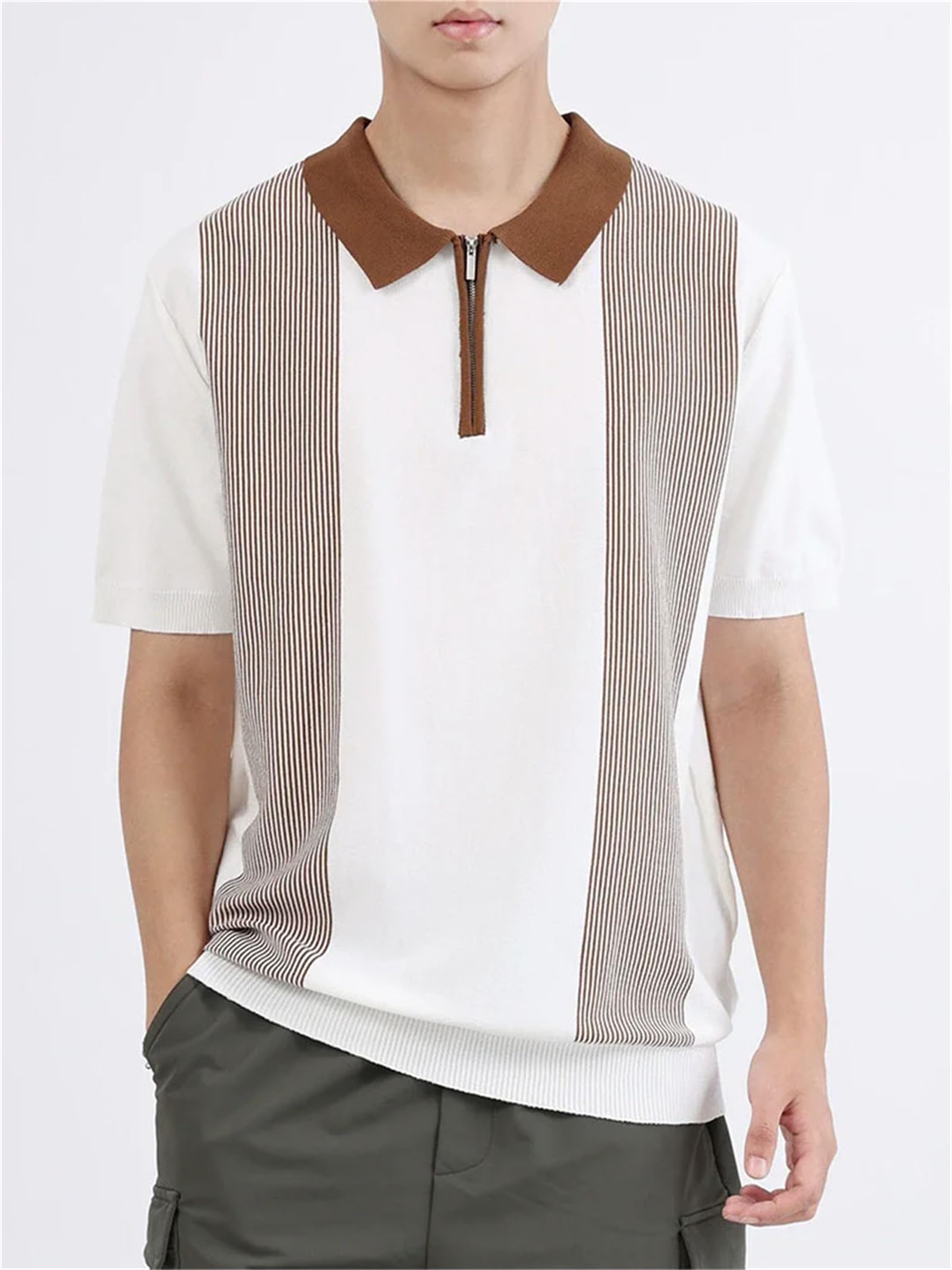 Striped Knitted Polo Shirt Slim Fit Short Sleeve Tee