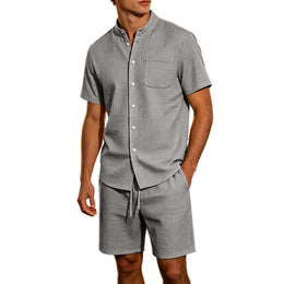 Men's Jacquard Stand Collar Shirt & Shorts 2-Piece Set