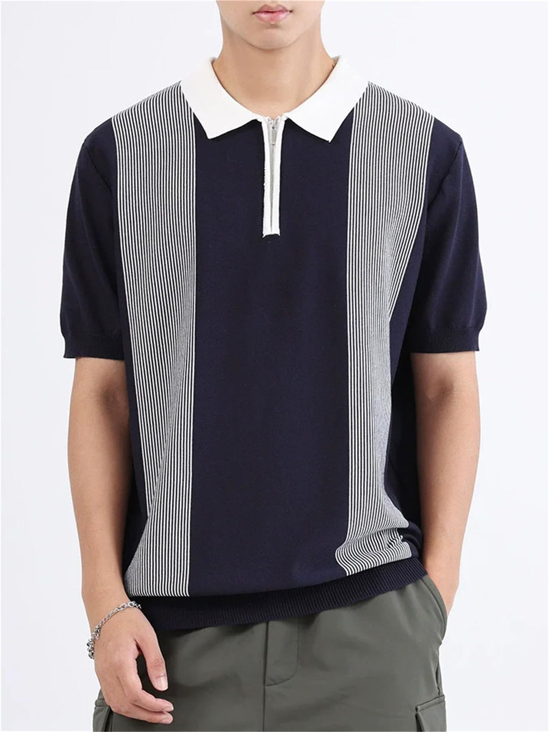 Striped Knitted Polo Shirt Slim Fit Short Sleeve Tee