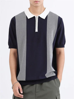 Striped Knitted Polo Shirt Slim Fit Short Sleeve Tee