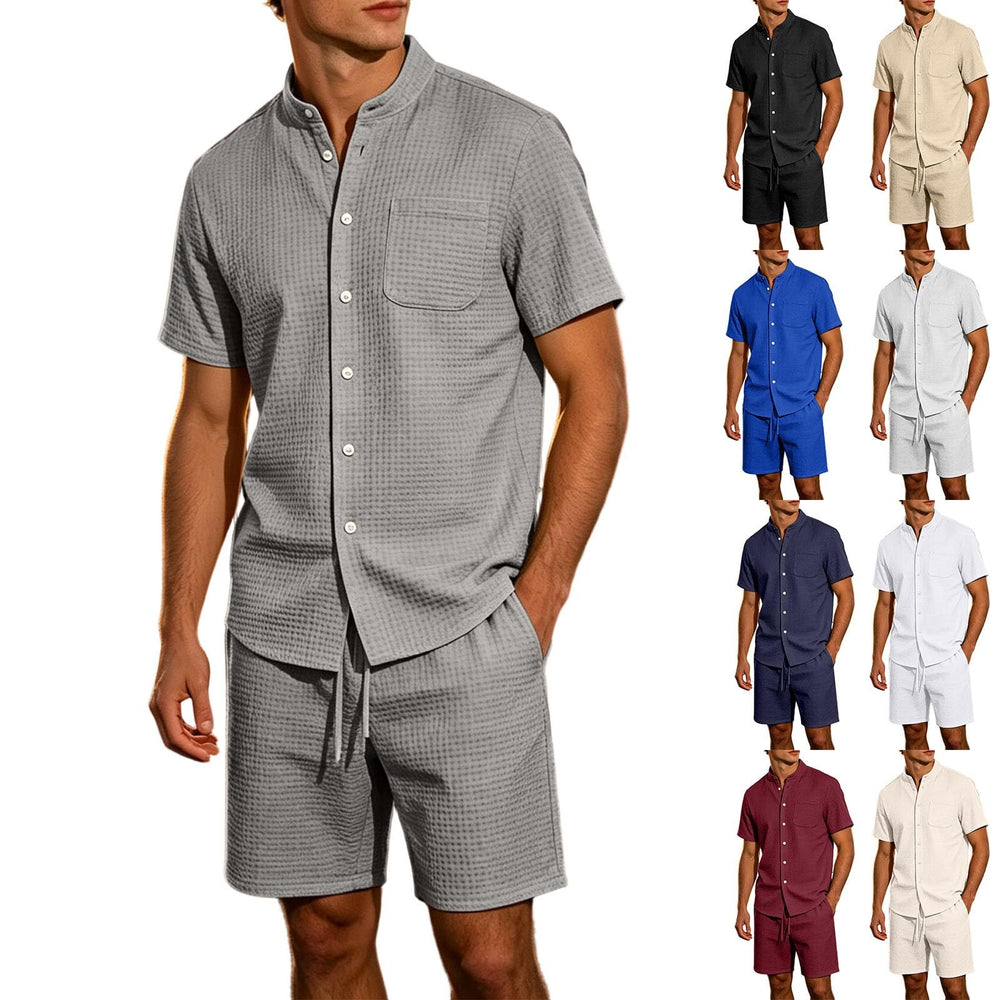 Men's Jacquard Stand Collar Shirt & Shorts 2-Piece Set
