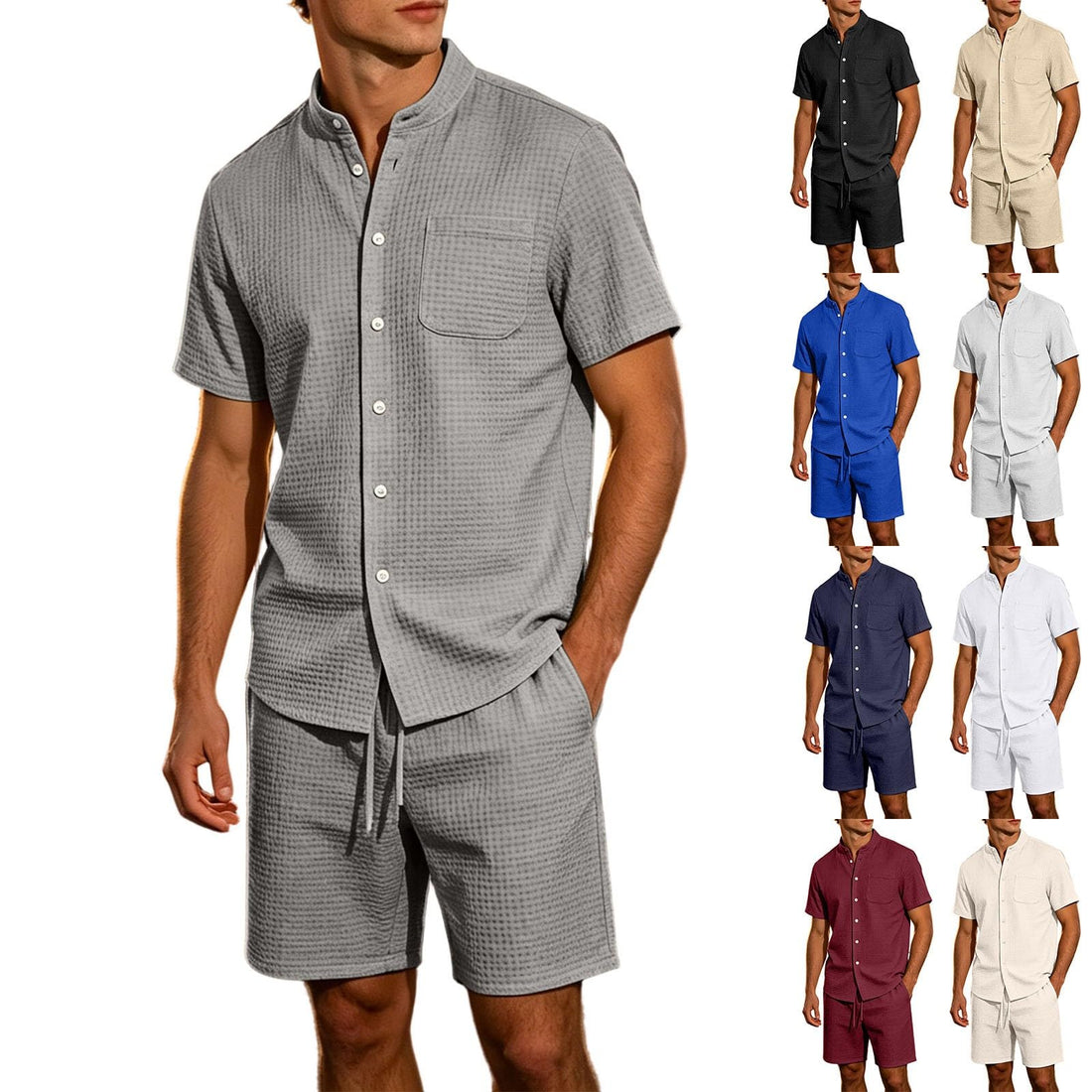 Men's Jacquard Stand Collar Shirt & Shorts 2-Piece Set