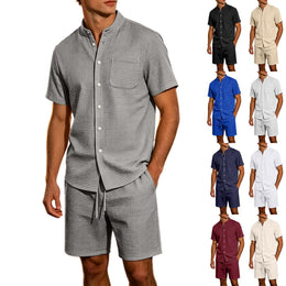 Men's Jacquard Stand Collar Shirt & Shorts 2-Piece Set