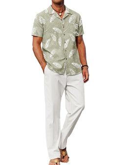 COOFANDY Men 2 Piece Linen Outfit Beach Button Down Shirt Casual Loose Pant Sets