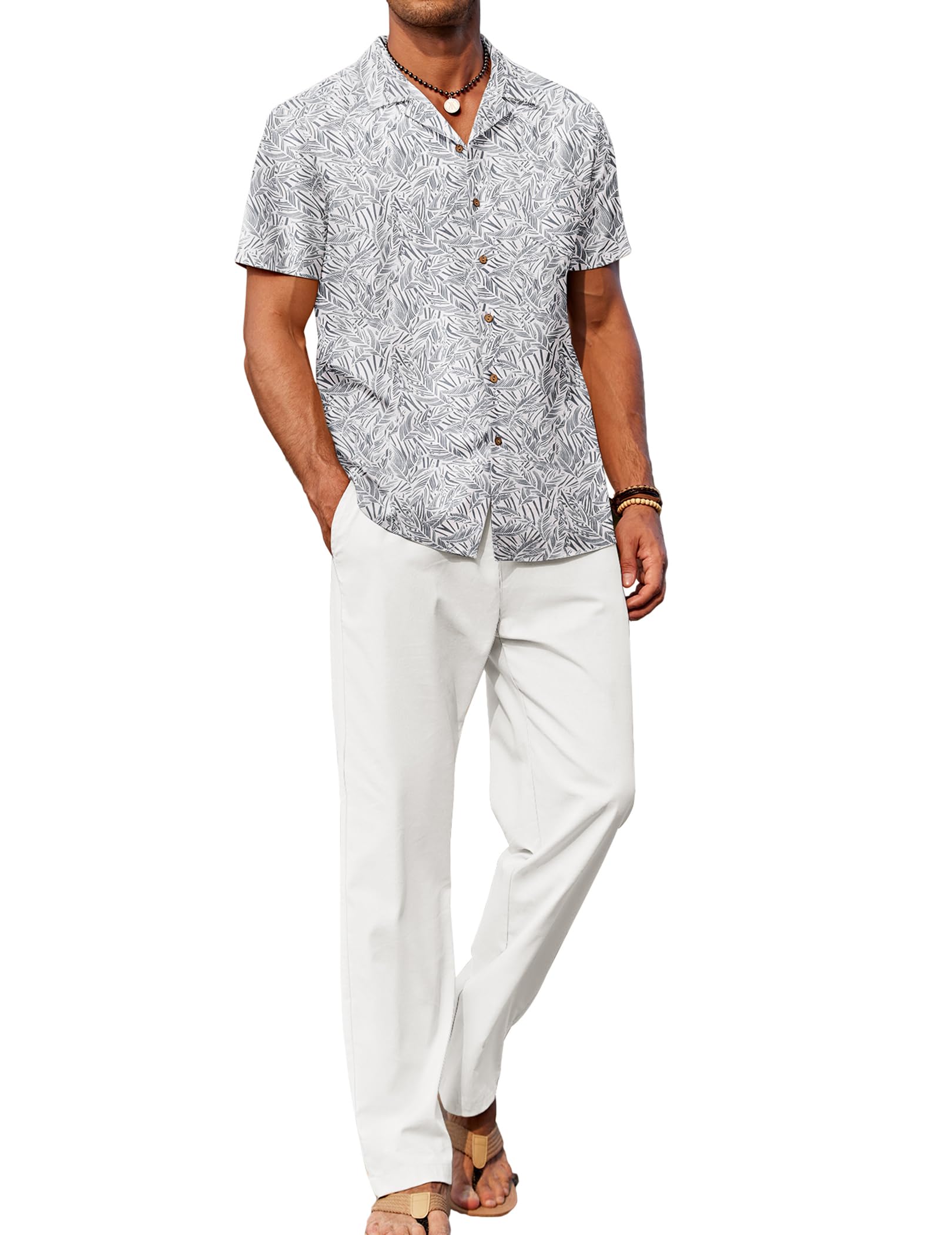 COOFANDY Men 2 Piece Linen Outfit Beach Button Down Shirt Casual Loose Pant Sets