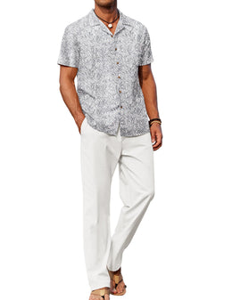 COOFANDY Men 2 Piece Linen Outfit Beach Button Down Shirt Casual Loose Pant Sets