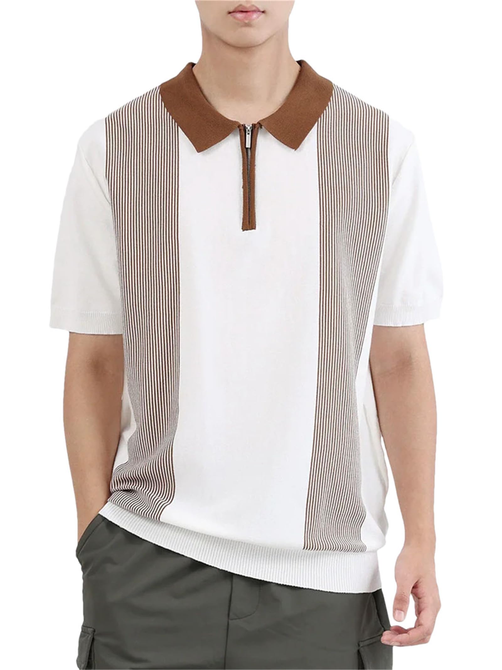 Striped Knitted Polo Shirt Slim Fit Short Sleeve Tee
