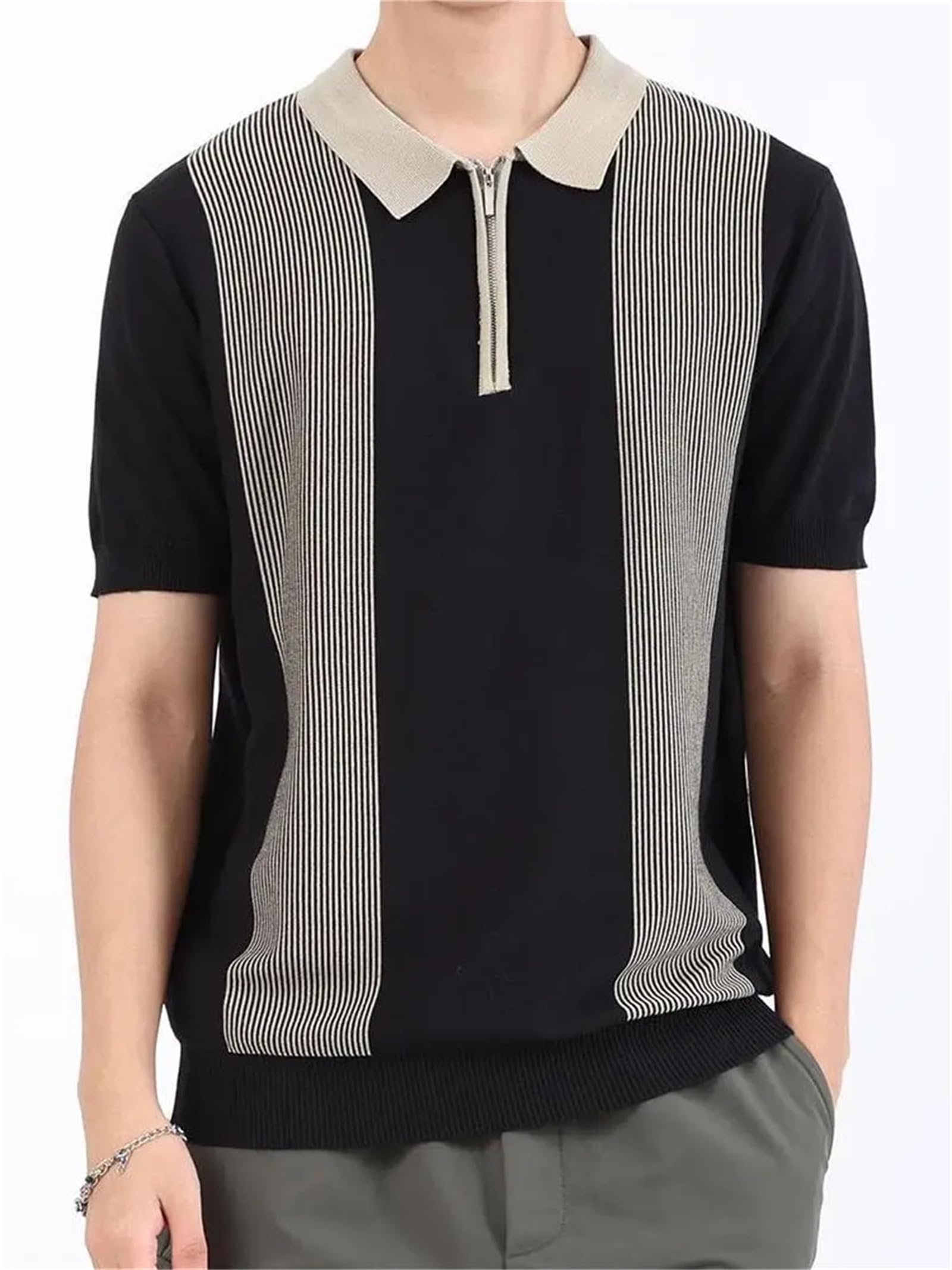 Striped Knitted Polo Shirt Slim Fit Short Sleeve Tee