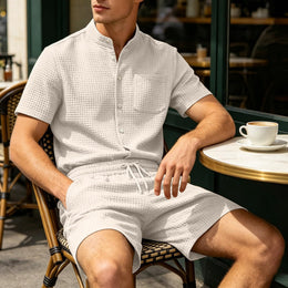 Men's Jacquard Stand Collar Shirt & Shorts 2-Piece Set